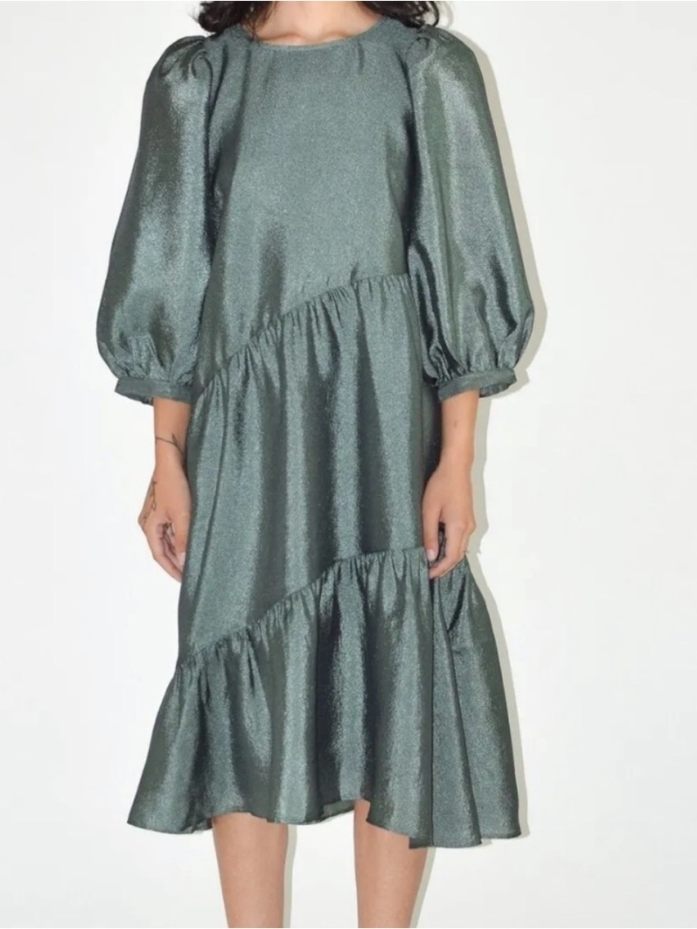 Just Female Mae Balsam Green Metallic Puff Sleeve Tiered Dress Small